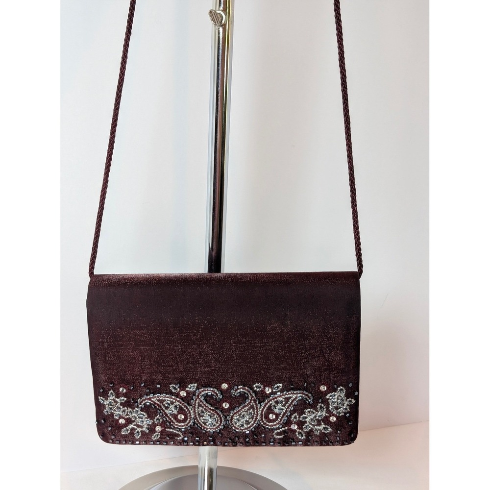Valerie Stevens Burgundy Satin Beaded Paisley Evening Clutch Shoulder Bag Mirror